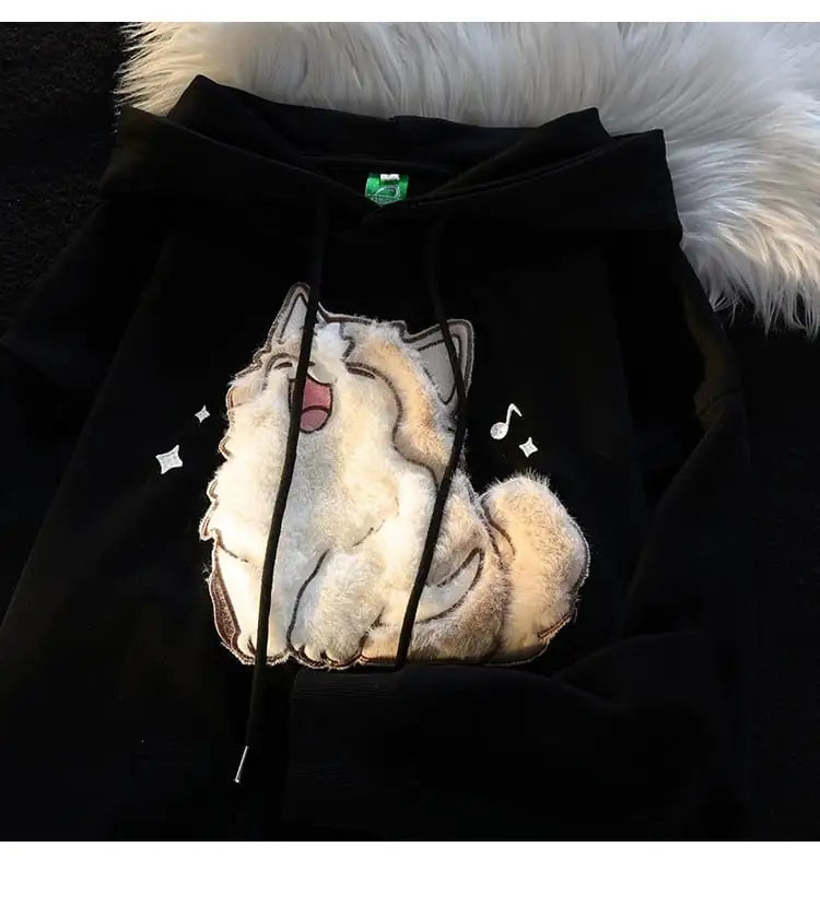 Embroidered Kitten Fleece-lined Hooded Sweatshirt