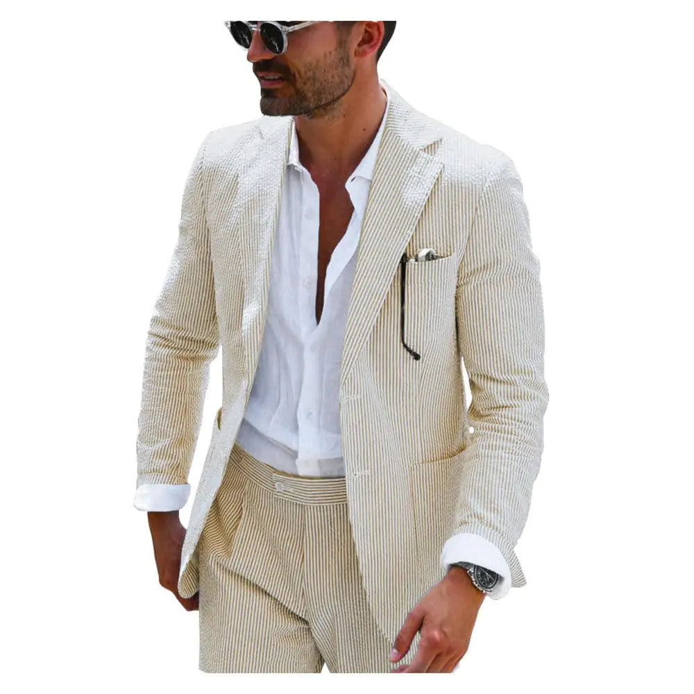 PopEle Leisure Mens Beige Striped Seersucker Slim Fit Suit Grooms Lightweight Sear Sucker Suit for Wedding