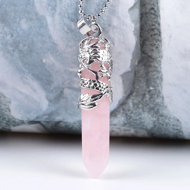 Natural Stone Hexagonal Dragon Totem Crystal Necklace