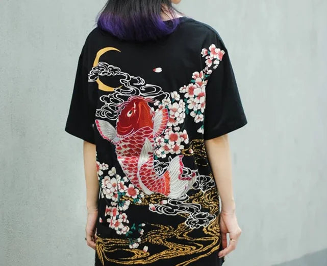 Embroidered T-Shirt with Koi Fish Design