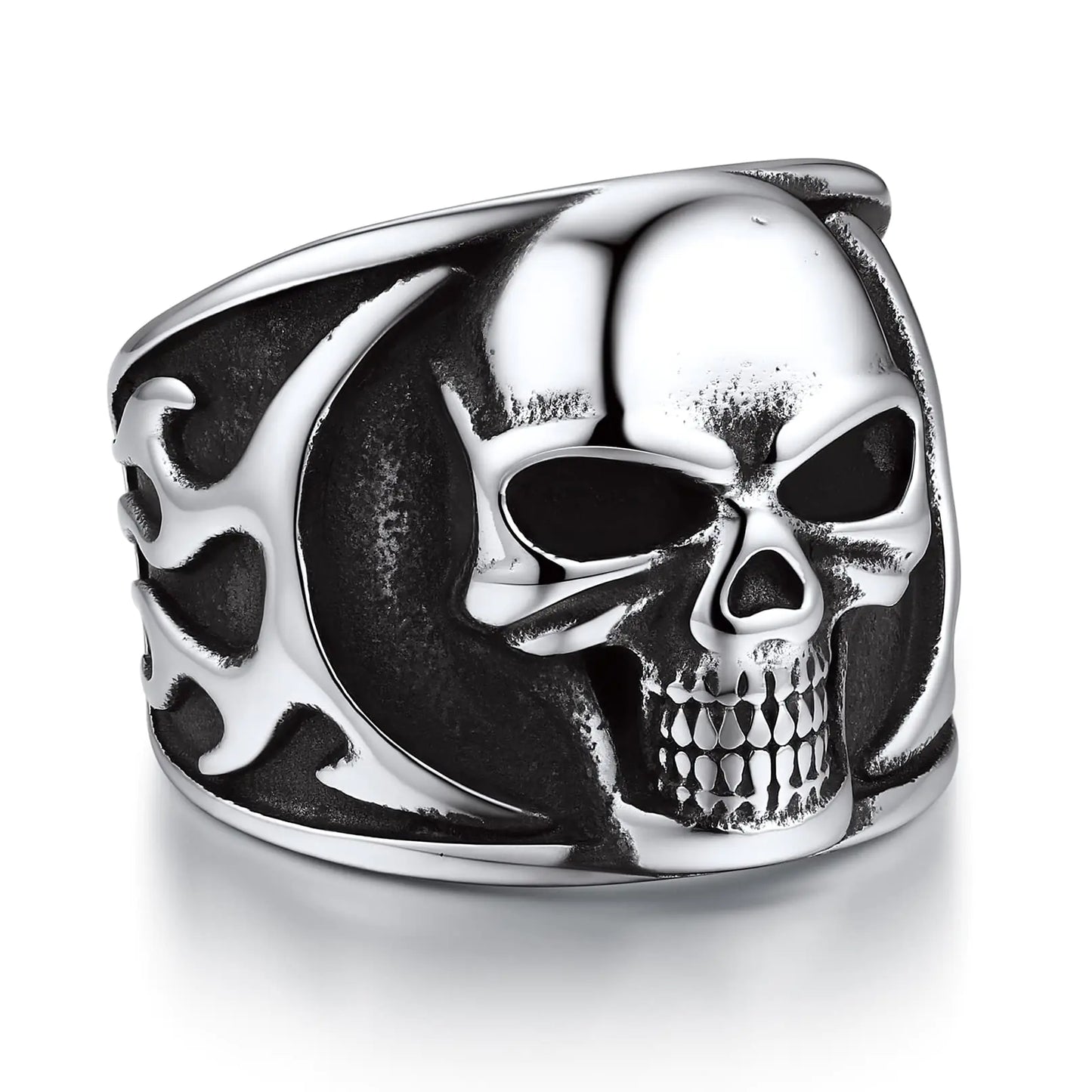 Bandmax Flame Skull Ring for Men Women Stainless Steel Ghost Harley Rider Motorcycle Biker Ring Gothic Punk Skeleton Ring Size 10