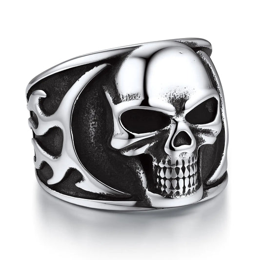 Bandmax Flame Skull Ring for Men Women Stainless Steel Ghost Harley Rider Motorcycle Biker Ring Gothic Punk Skeleton Ring Size 10