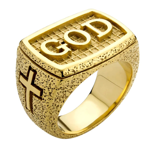 555Jewelry Classic Stainless Steel Rings for Men Signet Seal GOD Ring for Men Cross Rings for Men Vintage Hammered Style Ring for Boys Biker Rings for Men Gold Size 11
