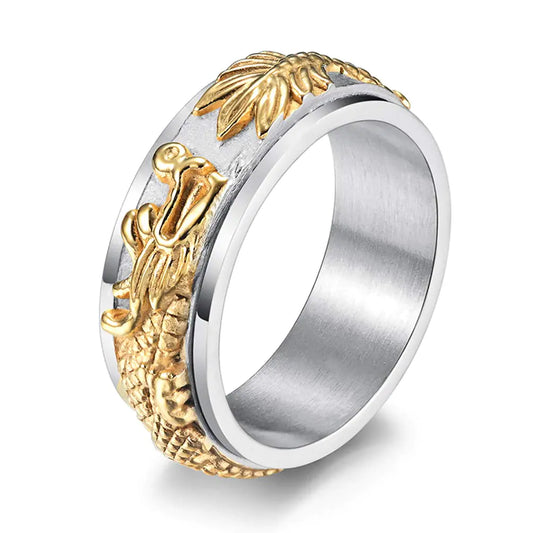 INRENG Stainless Steel Dragon Spinner Ring Vintage Punk Biker Band Rings for Men Women Silver Gold Size 8