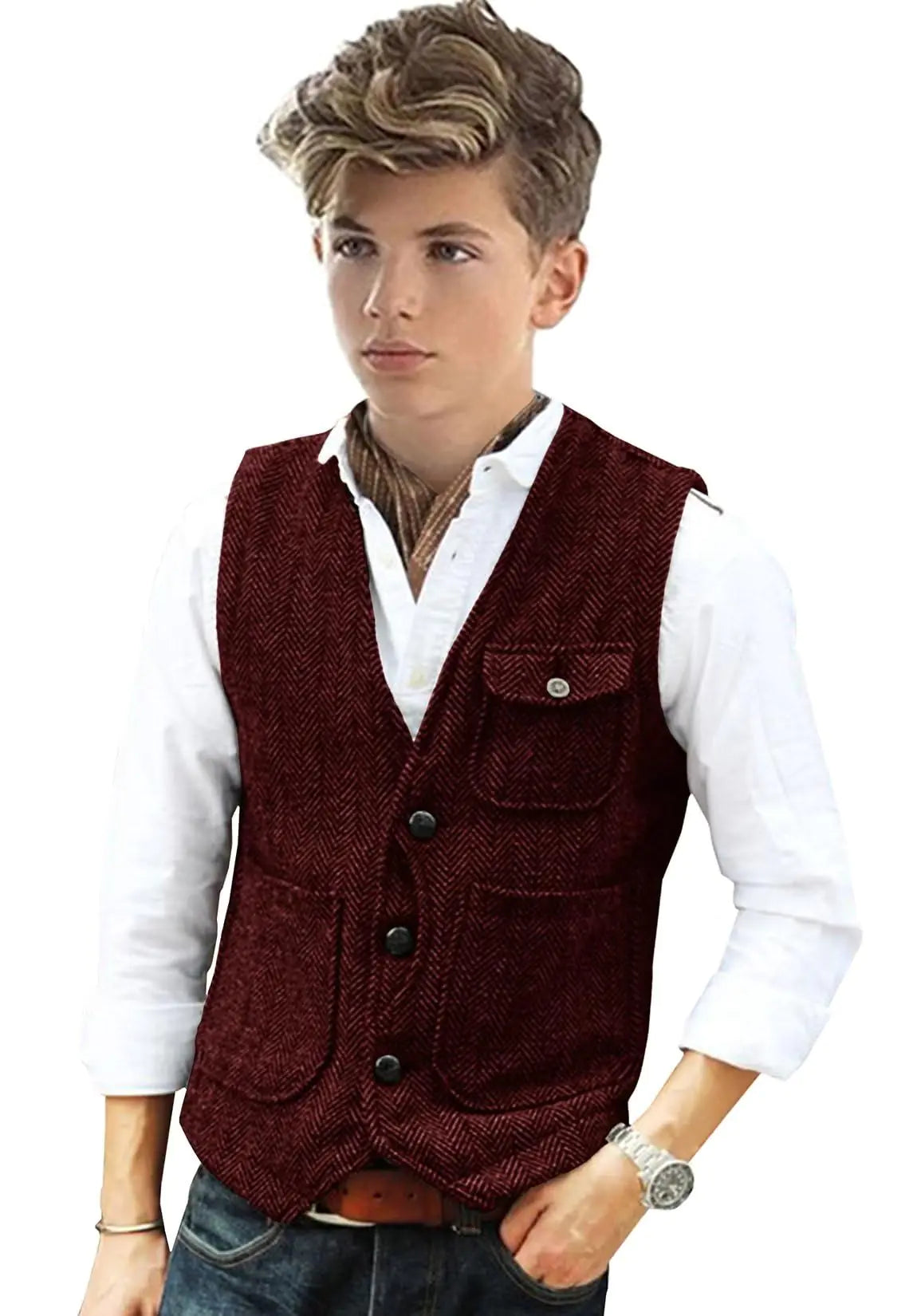 Boys Formal Suit Vest Herringbone Tweed Casual Waistcoat for Wedding Party