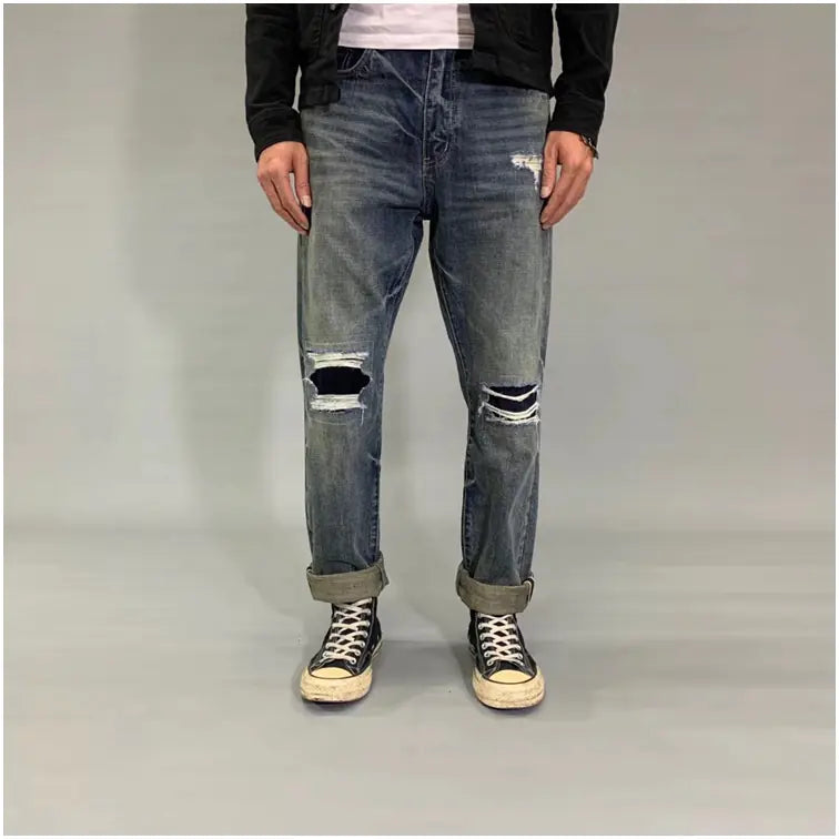 Retro Ripped Straight Leg Denim Pants for Trendy Style