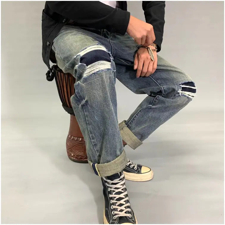 Retro Ripped Straight Leg Denim Pants for Trendy Style