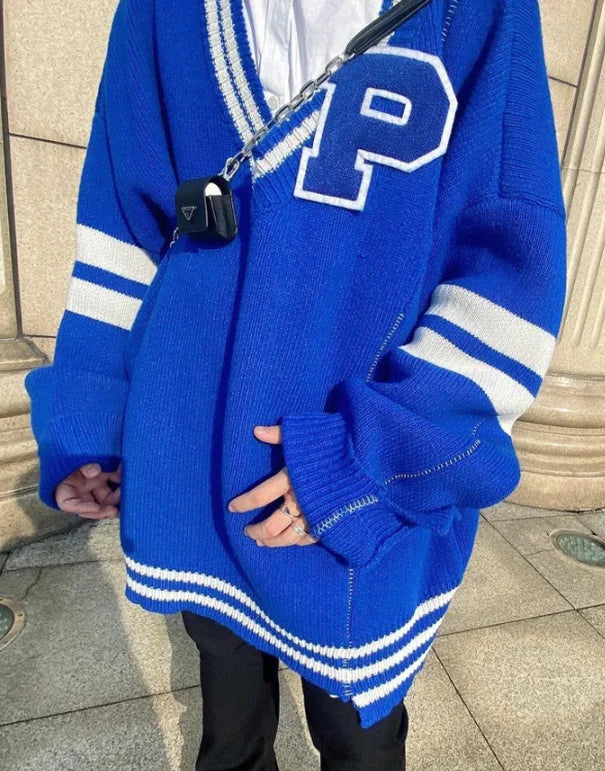 Colorblock Letter Embroidery V-Neck Pullover Sweater