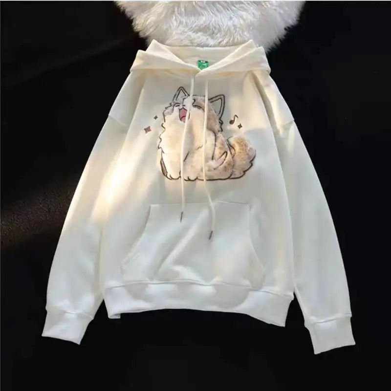 Embroidered Kitten Fleece-lined Hooded Sweatshirt