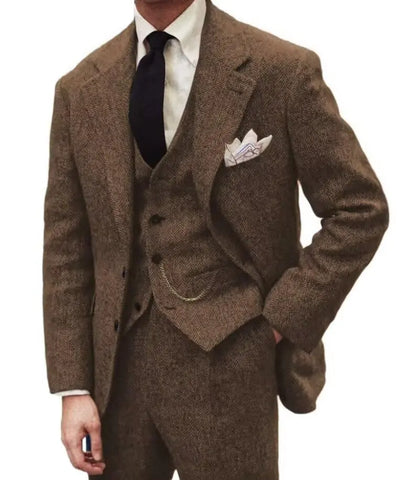 BONOW Tweed Herringbone Suit for Men Slim Fit 3 Pieces Mens Suit Wedding Dress Tuxedos Prom Suit Jacket Vest Pants Light Brown XXL