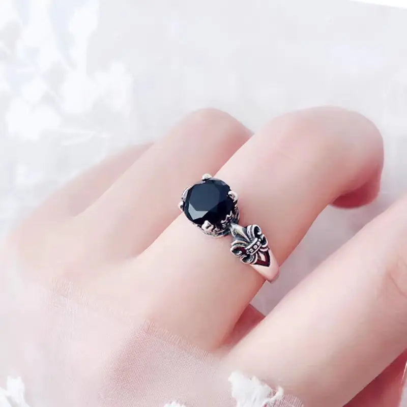 925 Thai Silver Crown Black Agate Diamond Ring