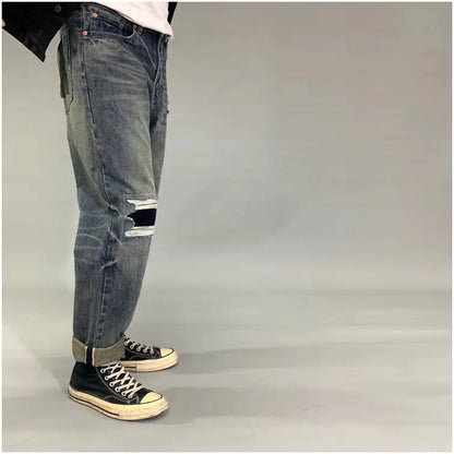Retro Ripped Straight Leg Denim Pants for Trendy Style
