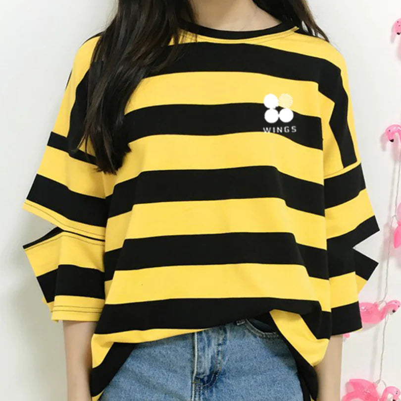 BTS Striped Hollow Out T-Shirt with Short Sleeves