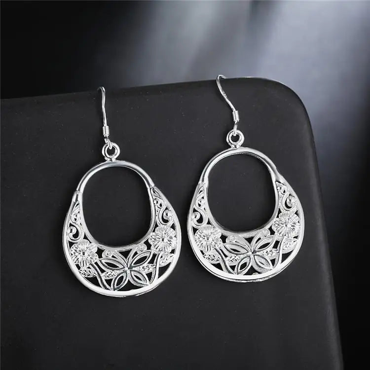 925 Silver Retro Hollow Flower Oval Earrings for Women