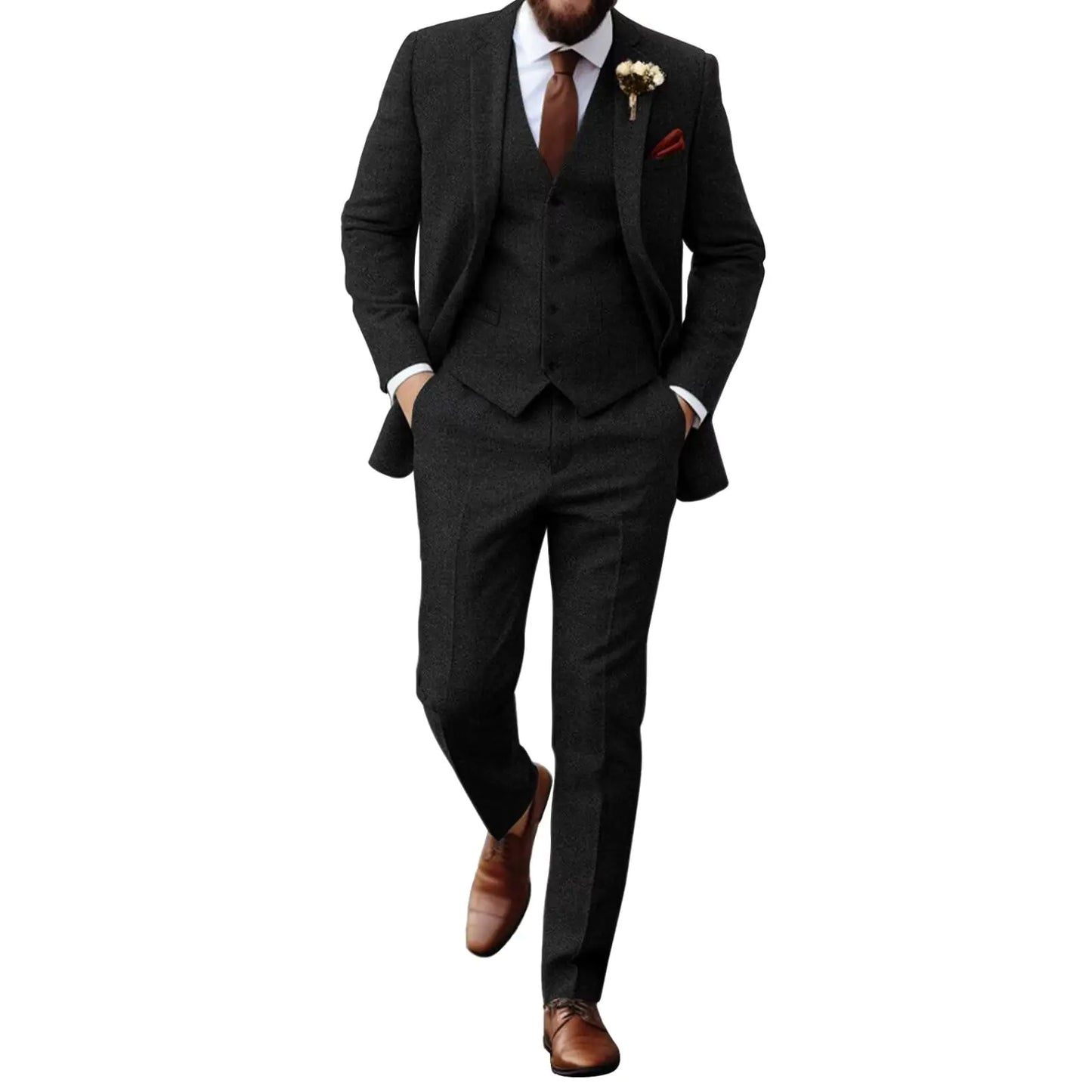 Aowdoy Retro Herringbone Tweed Suit 3 Pieces Mens Suit Slim Fit Formal Party Suit Jacket Vest Pants Bussiness Suit for Men Black 3XL