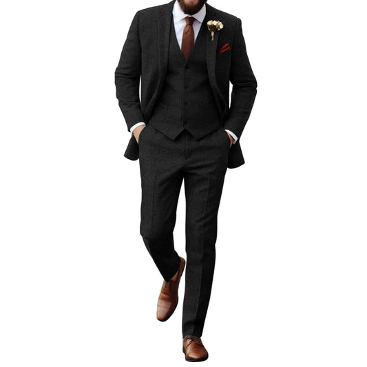 Aowdoy Retro Herringbone Tweed Suit 3 Pieces Mens Suit Slim Fit Formal Party Suit Jacket Vest Pants Bussiness Suit for Men Black 3XL