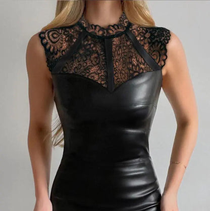 Lace Stitching PU Dress for Women
