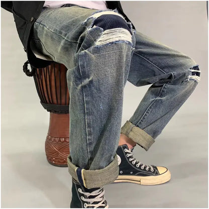 Retro Ripped Straight Leg Denim Pants for Trendy Style