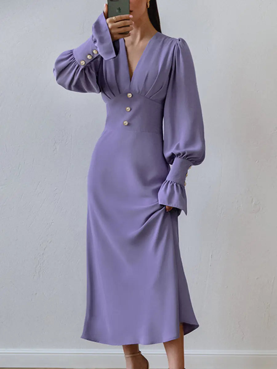 V-neck Slim-fit Dress with French Lantern Sleeves