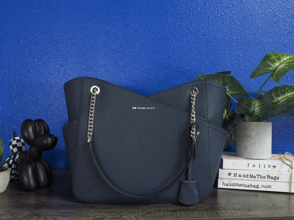 Michael Kors Jet Set Large Navy Saffiano X Cross Chain Shoulder Tote Hand Bag