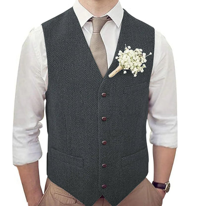 Teukuire Mens V-Neck Suit Vests Slim Fit Casual Business Formal Herringbone Tweed Wool Waistcoat Wedding Groomsmen Suit Vest Grey XS