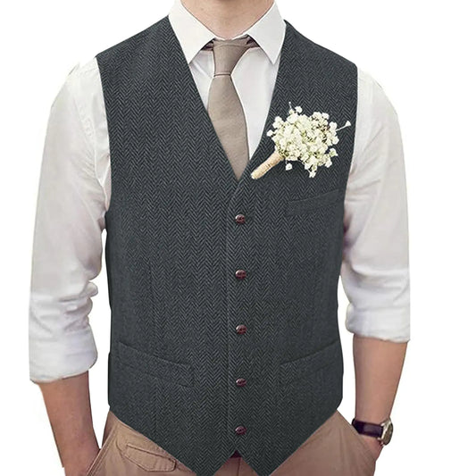 Teukuire Mens V-Neck Suit Vests Slim Fit Casual Business Formal Herringbone Tweed Wool Waistcoat Wedding Groomsmen Suit Vest Grey XS