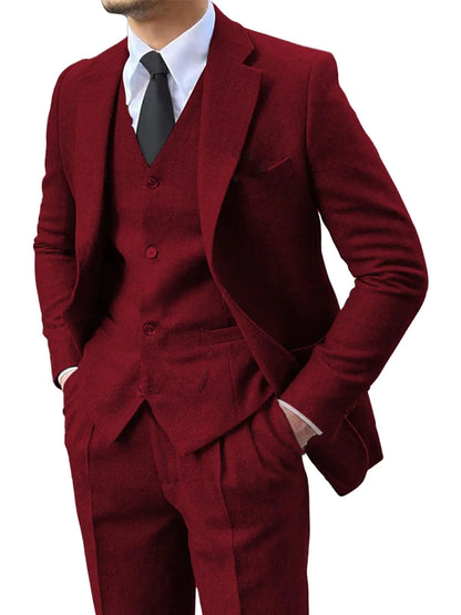 Lipoon Mens 3 Pieces Suit Retro Slim Fit Suit Tweed Herringbone Business Suit Wedding Party Tuxedos with Blazer Vest Pants(Burgundy3X-Large)