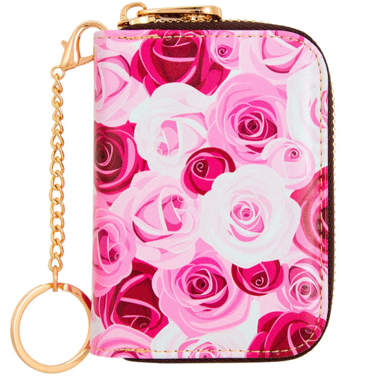 Kaabao Credit Card Holder RFID Blocking Wallet for Women Small Slim Leather Wallets with Keychain Zipper Business Cards Case (Pink Romantic Rose)