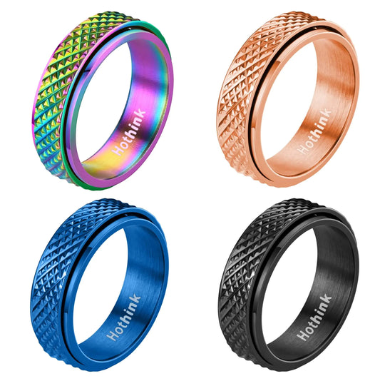 Hothink Anxiety Rings Fidget Rings for Women Spinner Rings for Anxiety 4Pcs 6MM Stress Relief Titanium Steel Rings Size 5-11 (Snakeskin Pattern Spinner Rings 4pcs 5)