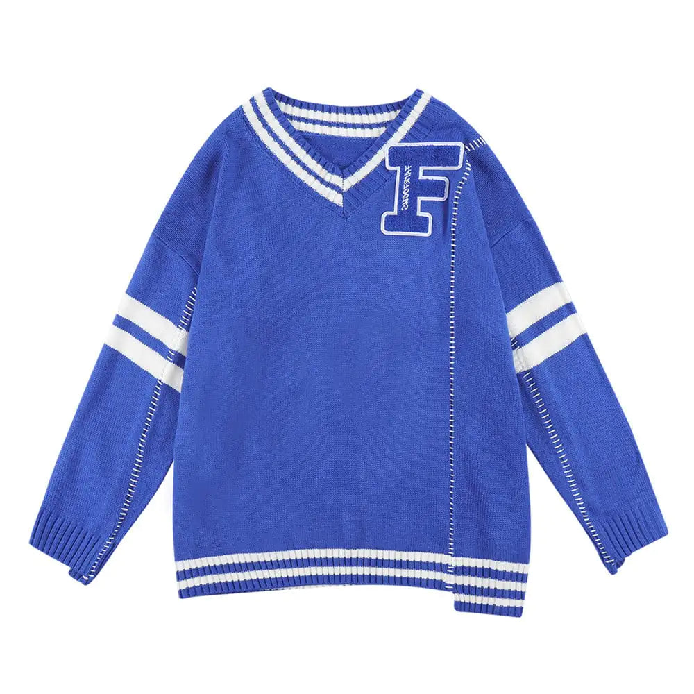 Colorblock Letter Embroidery V-Neck Pullover Sweater