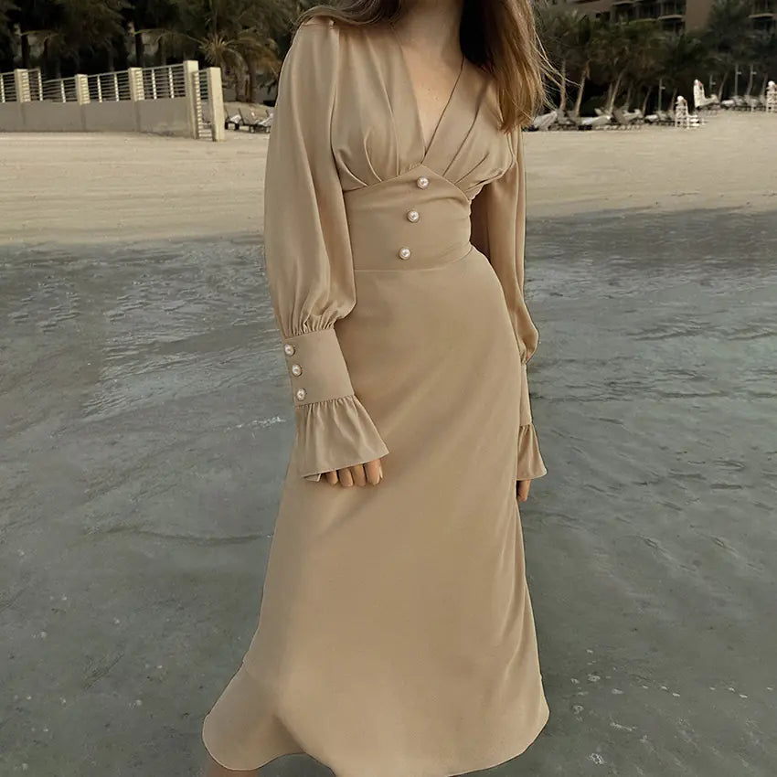 V-neck Slim-fit Dress with French Lantern Sleeves