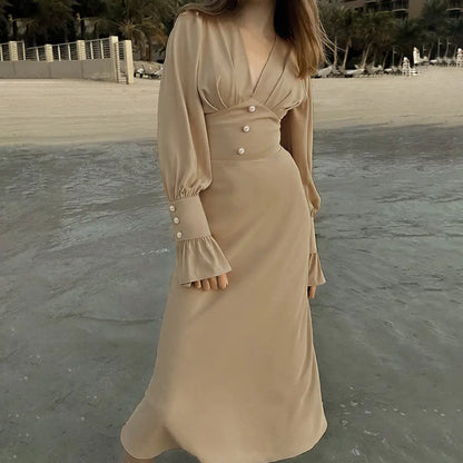 V-neck Slim-fit Dress with French Lantern Sleeves