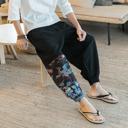 Harem Pants, Casual Pants, Cotton-Linen Embroidered Pants