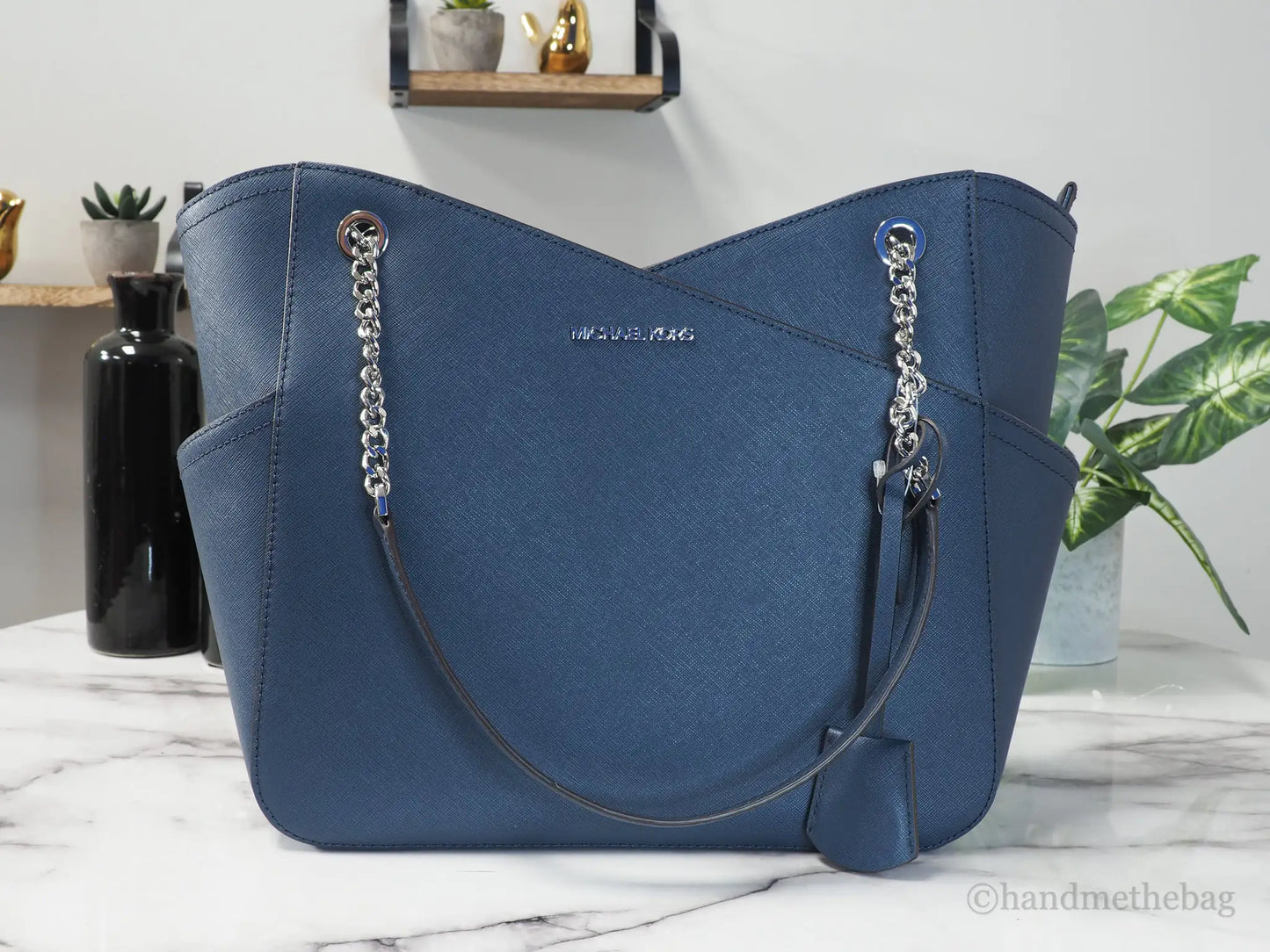 Michael Kors Jet Set Large Navy Saffiano X Cross Chain Shoulder Tote Hand Bag