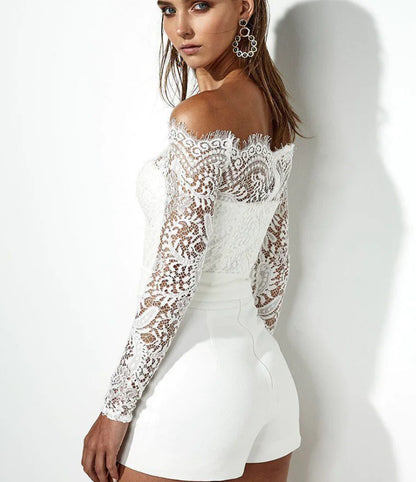 Lace Long Sleeve Jumpsuit with Tie and Chiffon Shorts