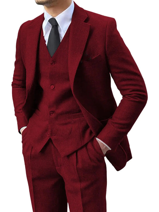 Lipoon Mens 3 Pieces Suit Retro Slim Fit Suit Tweed Herringbone Business Suit Wedding Party Tuxedos with Blazer Vest Pants(Burgundy3X-Large)