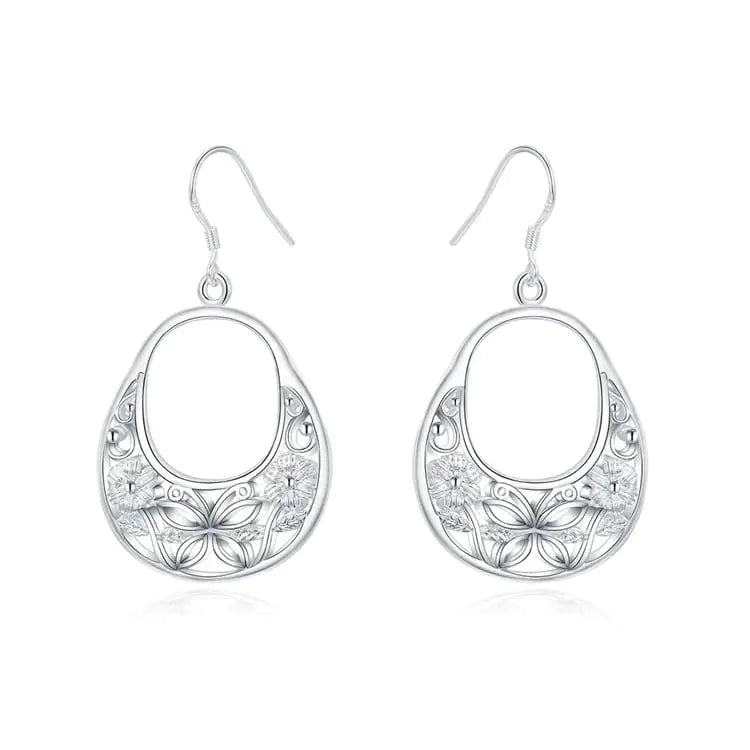 925 Silver Retro Hollow Flower Oval Earrings for Women