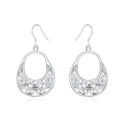 925 Silver Retro Hollow Flower Oval Earrings for Women