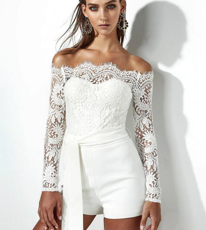 Lace Long Sleeve Jumpsuit with Tie and Chiffon Shorts