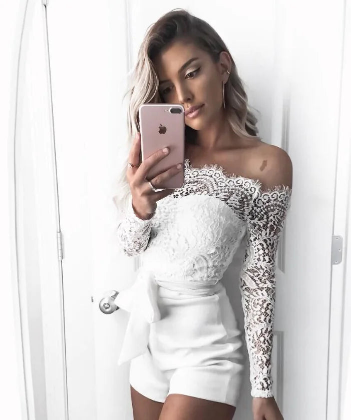 Lace Long Sleeve Jumpsuit with Tie and Chiffon Shorts