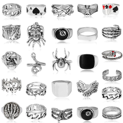 Acruccen 26 Pcs Vintage Silver Punk Rings Set for Men Cool Gothic Chunky Rings Statement Snake Wing Signet Ring Set