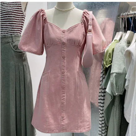 Vintage Slim-Fit Waist Dress with Lantern Sleeves