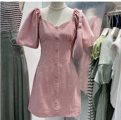 Vintage Slim-Fit Waist Dress with Lantern Sleeves