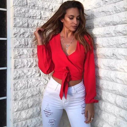 Sexy Slim Fit Long Sleeve Knotted Crop Top