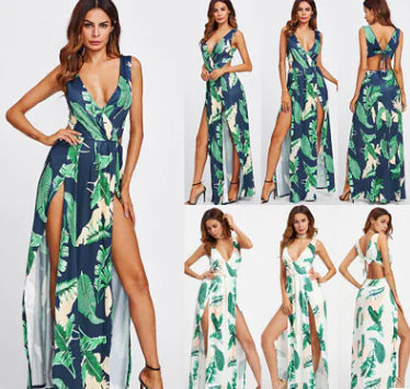 Floral Maxi Dress with Deep V and Slit Design