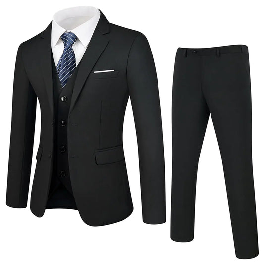 Tuxedo for Men 3 Piece Suit Men Slim Fit Mens Tuxedo Suit Set Formal Wedding Suit for Men Two Button Blazer Jacket Vest & Trousers Tux for Casual Black 3XL
