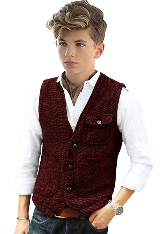 Boys Formal Suit Vest Herringbone Tweed Casual Waistcoat for Wedding Party