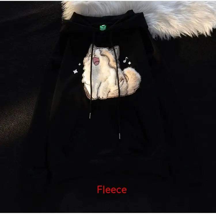 Embroidered Kitten Fleece-lined Hooded Sweatshirt