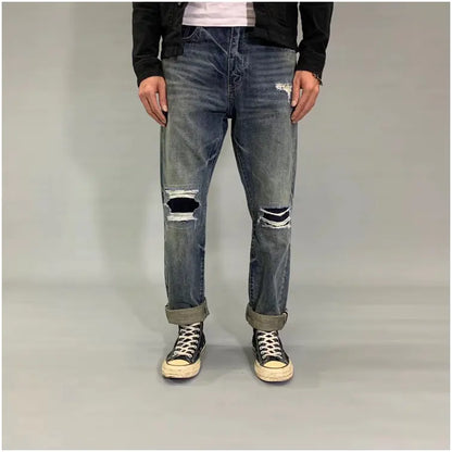 Retro Ripped Straight Leg Denim Pants for Trendy Style