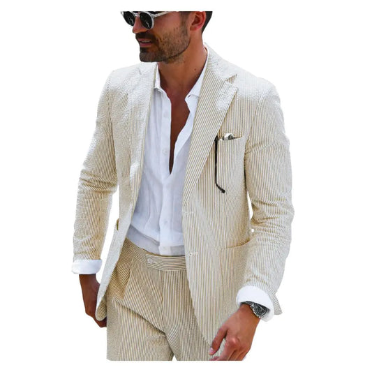 PopEle Leisure Mens Beige Striped Seersucker Slim Fit Suit Grooms Lightweight Sear Sucker Suit for Wedding